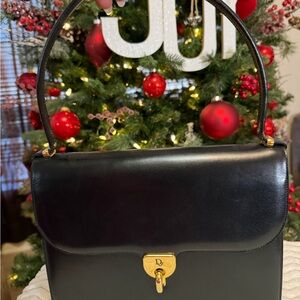 Dior Christian Lady Dior Black Leather Handbag with Gold Accents